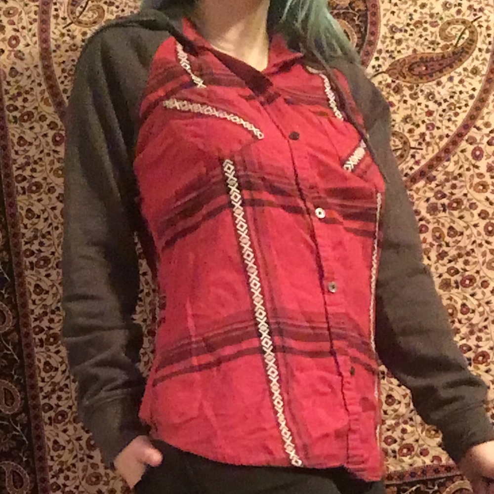 Flannel hoodie with grey cotton sleeves